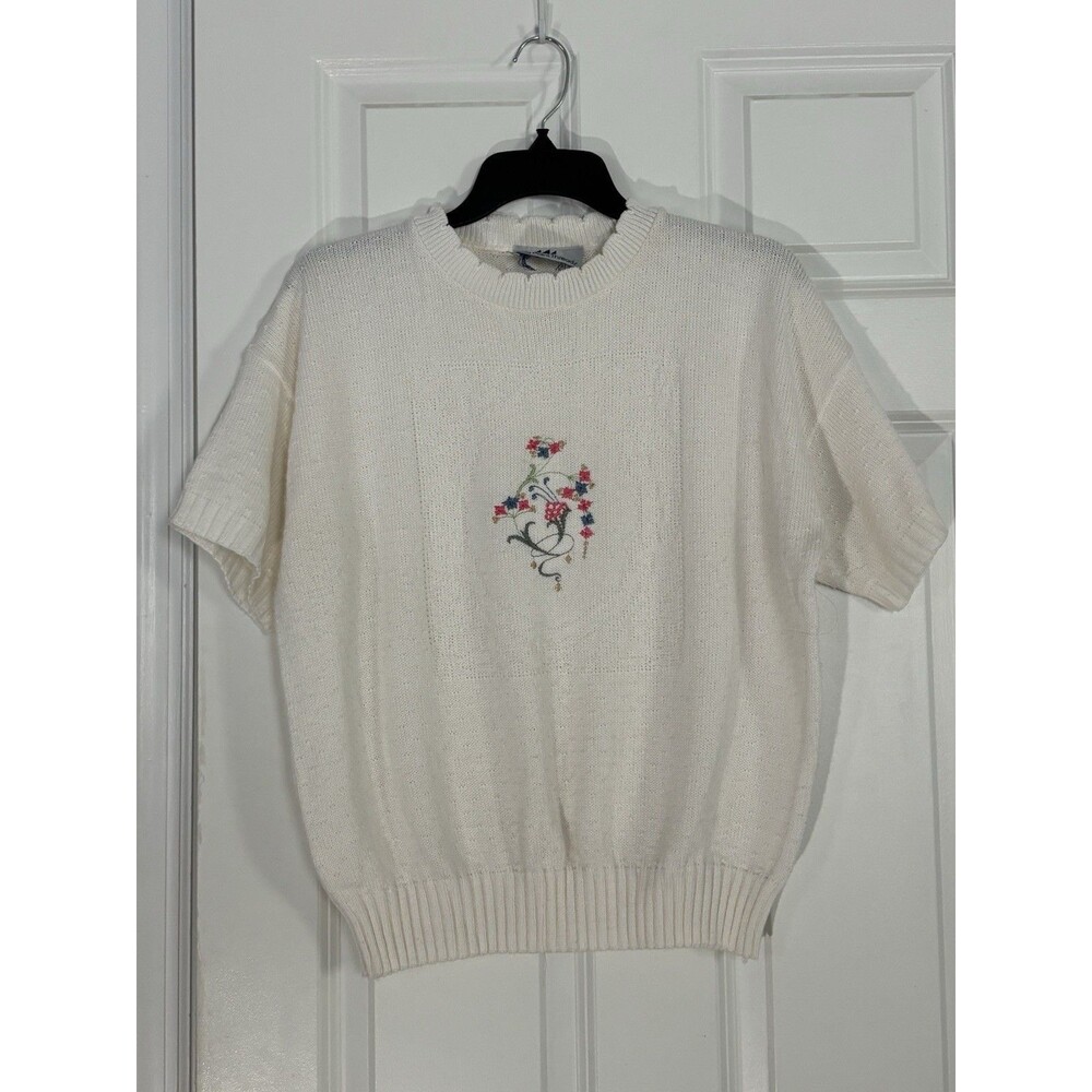 Bay Point Threads Granny Short Sleeve Sweater Medium Embroidered Floral Vintage